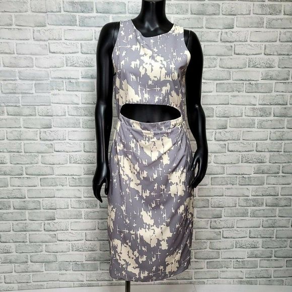 Karen Zambos Size M Rhys Grey Ivory Printed Crepe Cutout Sheath Dress - Picture 1 of 12